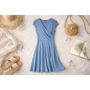 Lotusmile Light Blue Fit & Flare Knit Dress | V-Neck Cap Sleeve | Size L